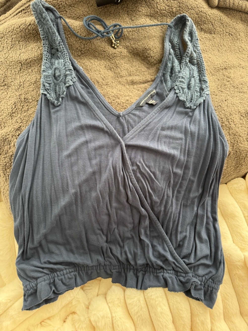American Eagle Outfitters Blue Crochet-Shoulder Surplice Tank
